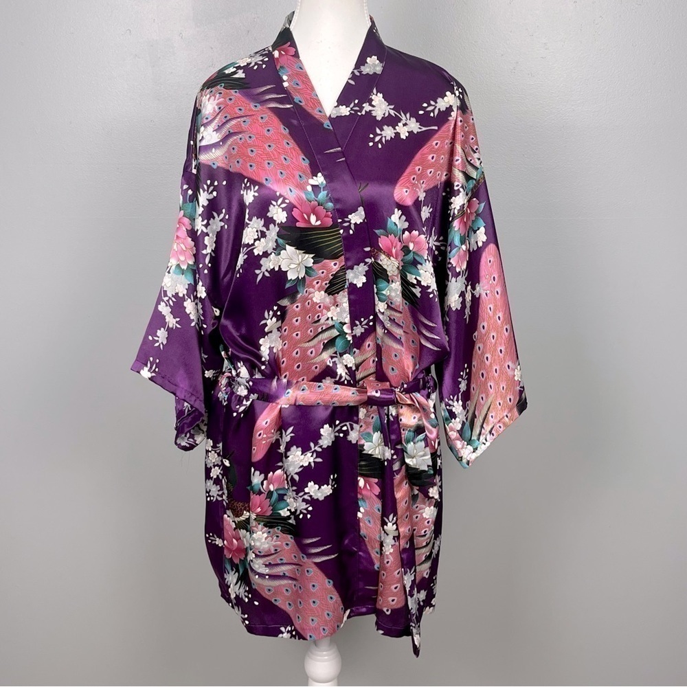Purple & pink floral peacock short kimono style belted satiny robe.